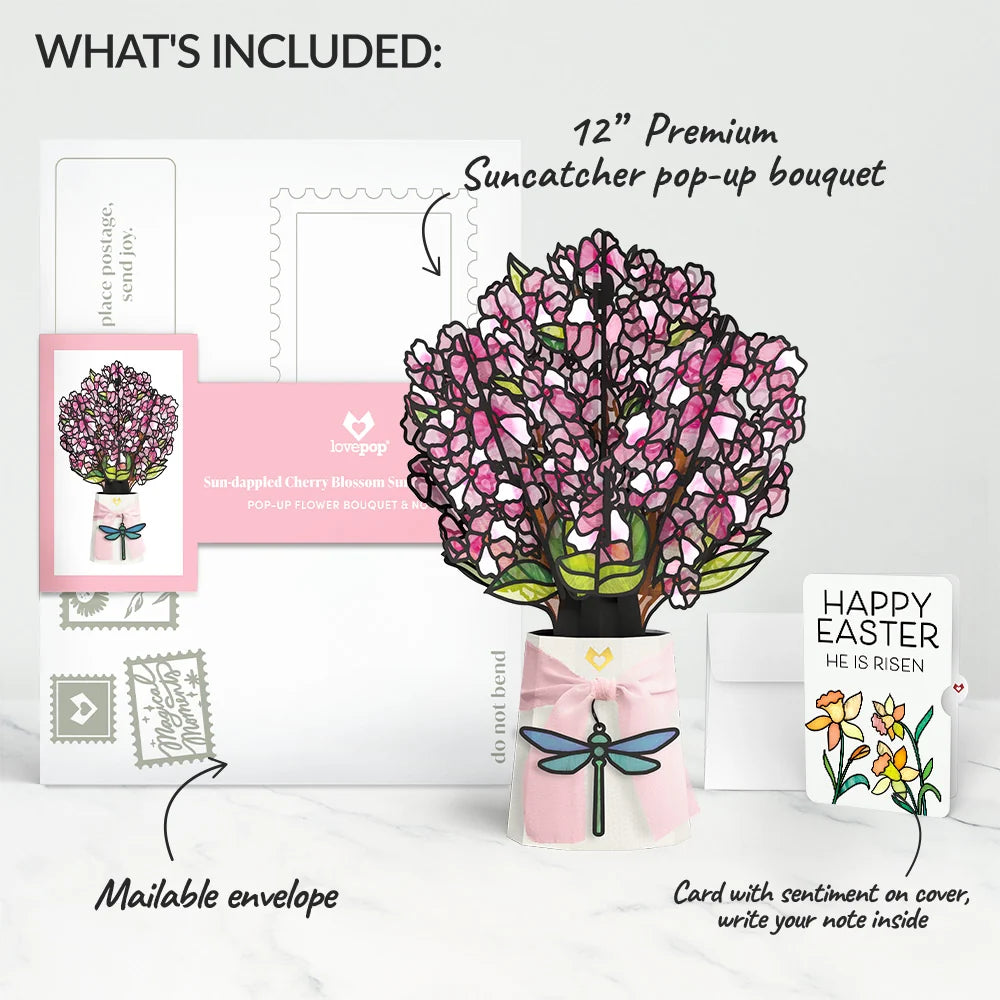 Sun-dappled Cherry Blossom Easter Suncatcher Bouquet and Garden Blooms He Is Risen Sentiment Set