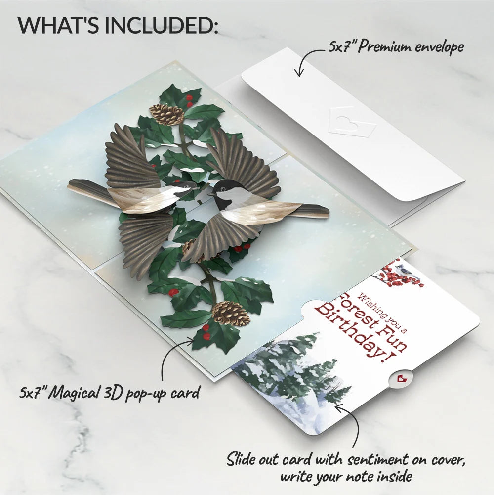 Winter Chickadees Birthday Pop-Up Card and Forest Fun Sentiment Set