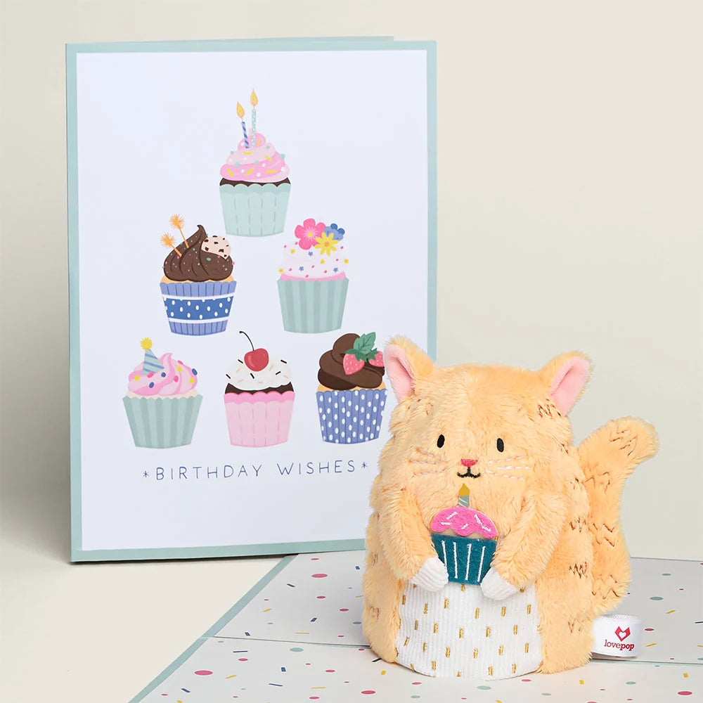 'Birthday Wishes' Cupcake Cat Plushpop Card and Bouquet Bundle