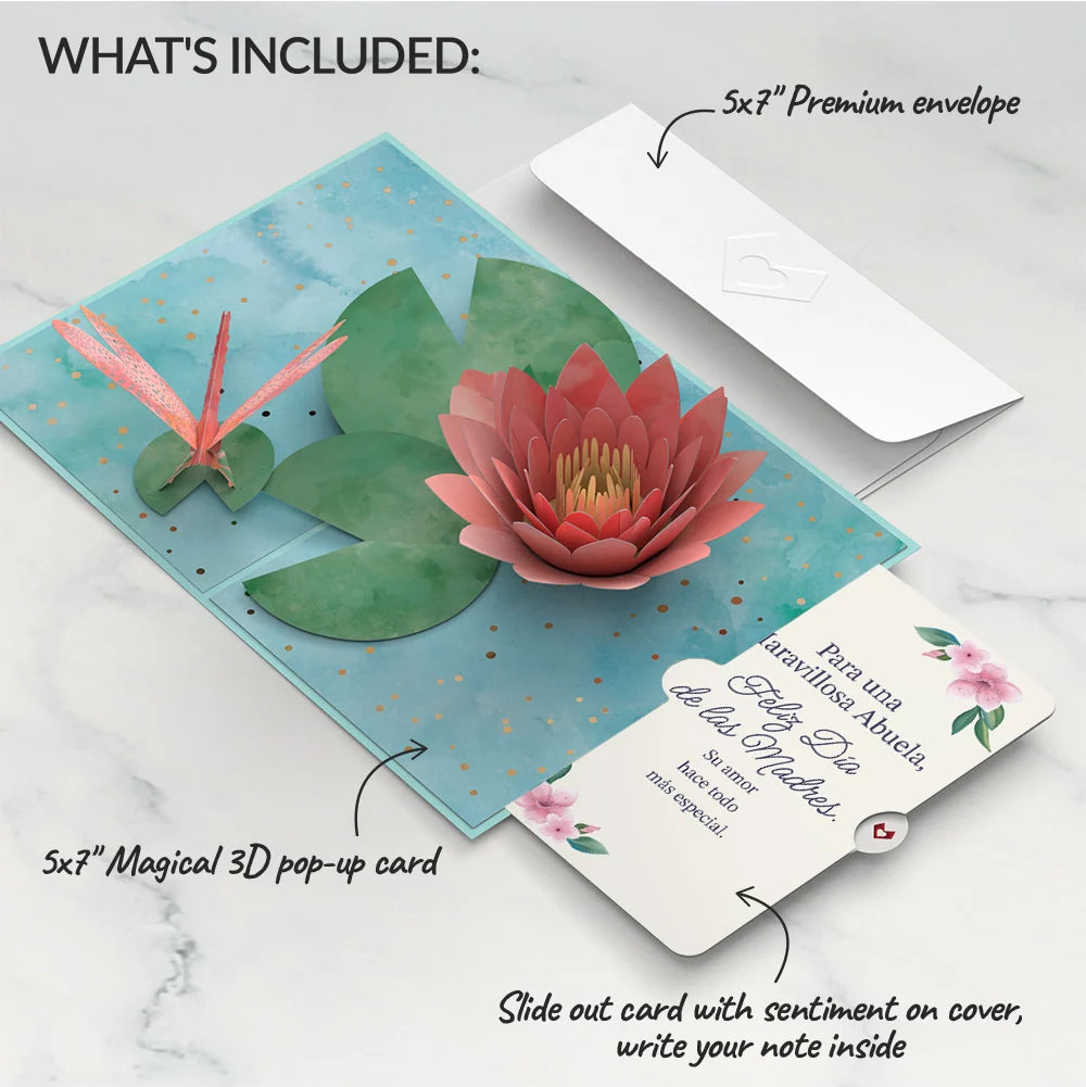 Water Lily Dragonfly Mother's Day Pop-Up Card and Sentiment Set for Spanish Grandmother