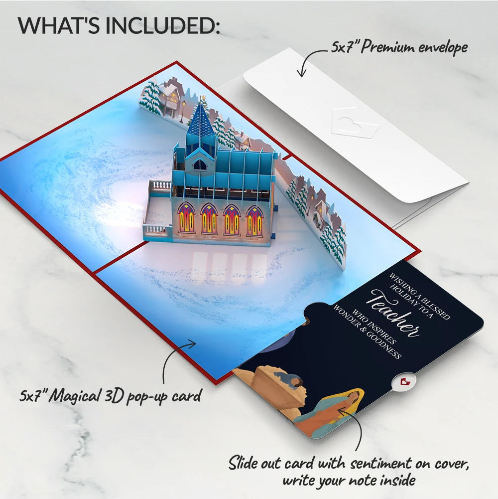 Stained Glass Christmas Chapel Pop-Up Card and Sentiment Set for Teacher