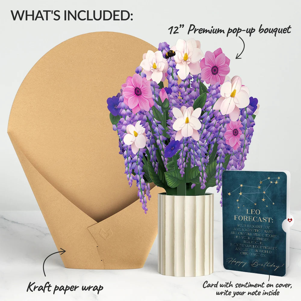 Wisteria Birthday Bouquet and Leo Zodiac Sentiment Set