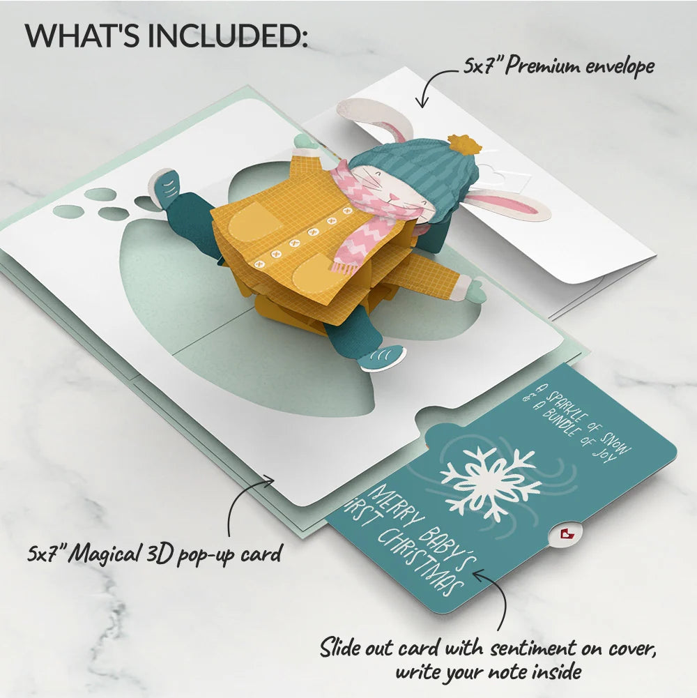 Let It Snow Winter Bunny Pop-Up Card and Snowflake First Christmas Sentiment Set for Baby