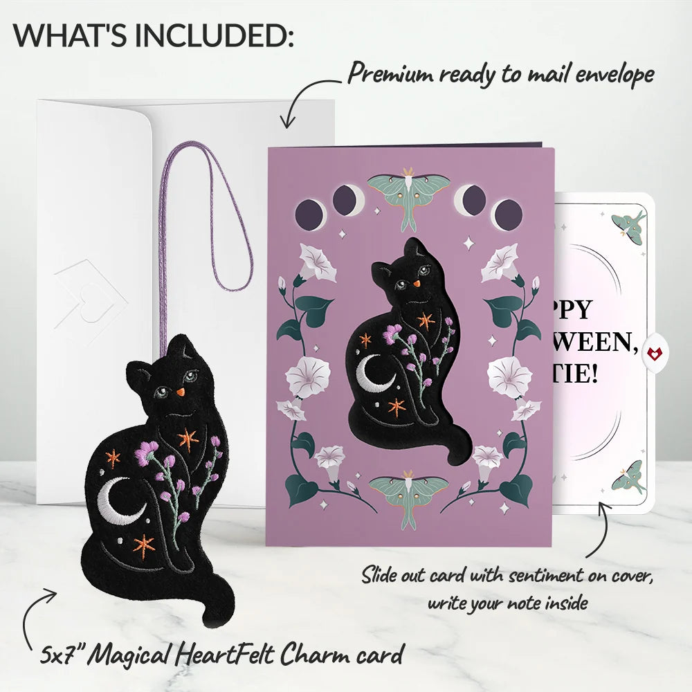 Mystic Black Cat Halloween HeartFelt Charm Card™ and Sentiment Set for Bestie