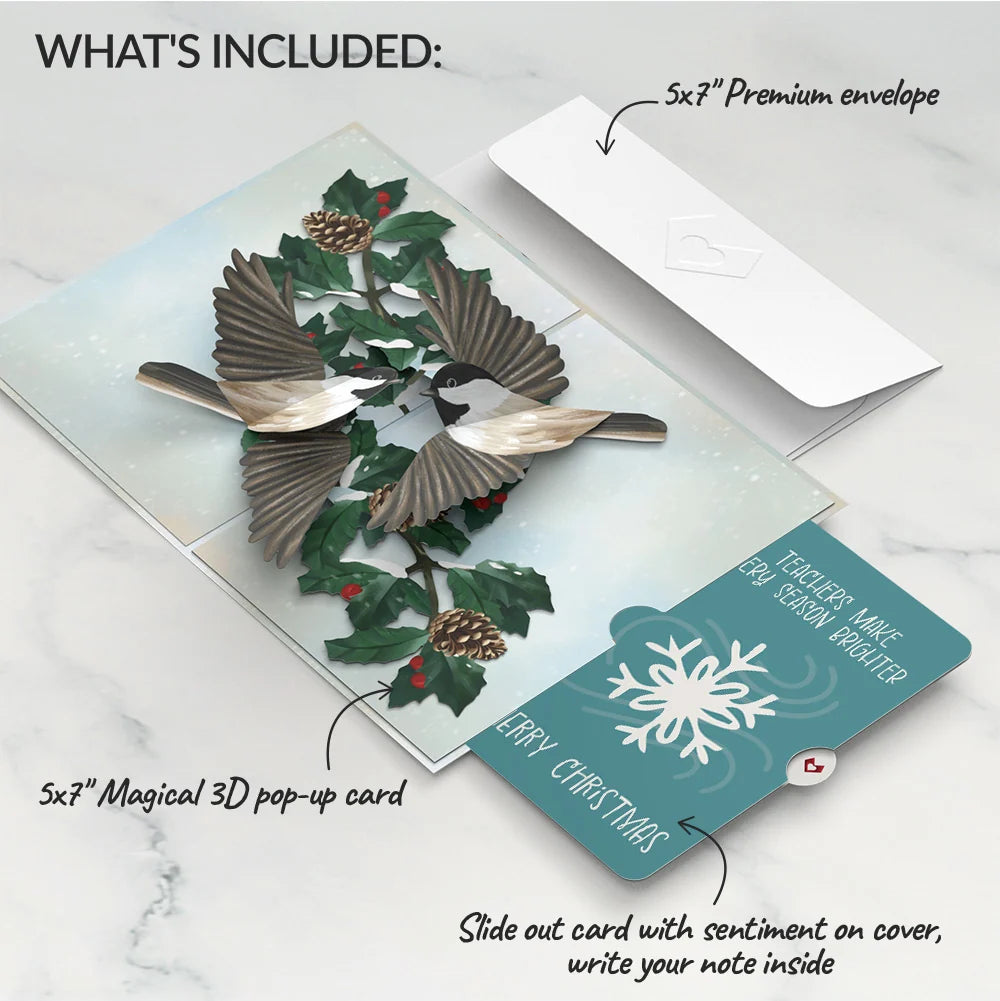 Winter Chickadees Pop-Up Card and Snowflake Christmas Sentiment Set for Teacher