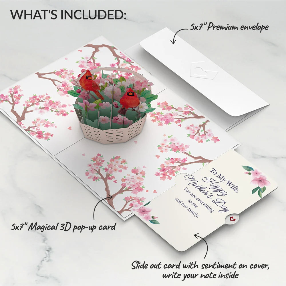 Cherry Blossom Basket with Cardinals Mother's Day Pop-Up Card and Sentiment Set for Wife