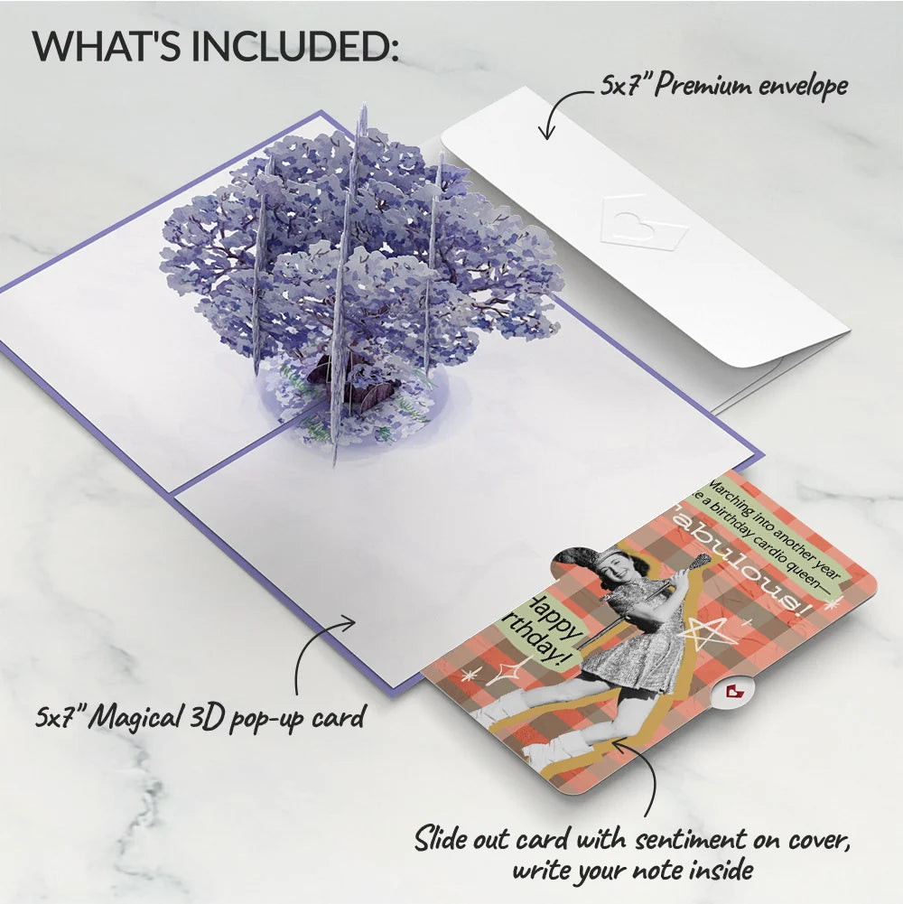 Watercolor Jacaranda Tree Birthday Pop-Up Card and Cardio Queen Sentiment Set