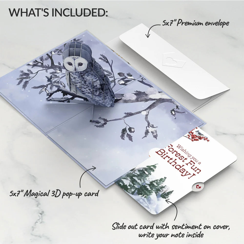 Snowy Owl Birthday Pop-Up Card and Forest Fun Sentiment Set