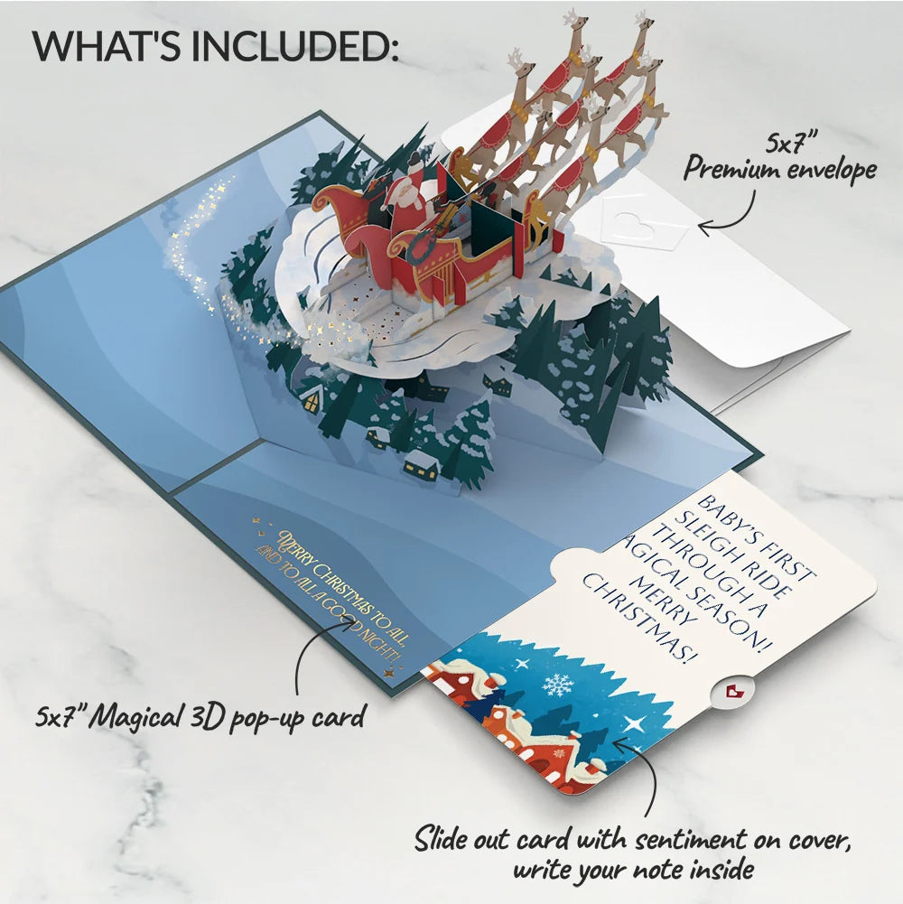 Night Sky Santa Sleigh First Christmas Pop-Up Card and Snow Village Sentiment Set for Baby