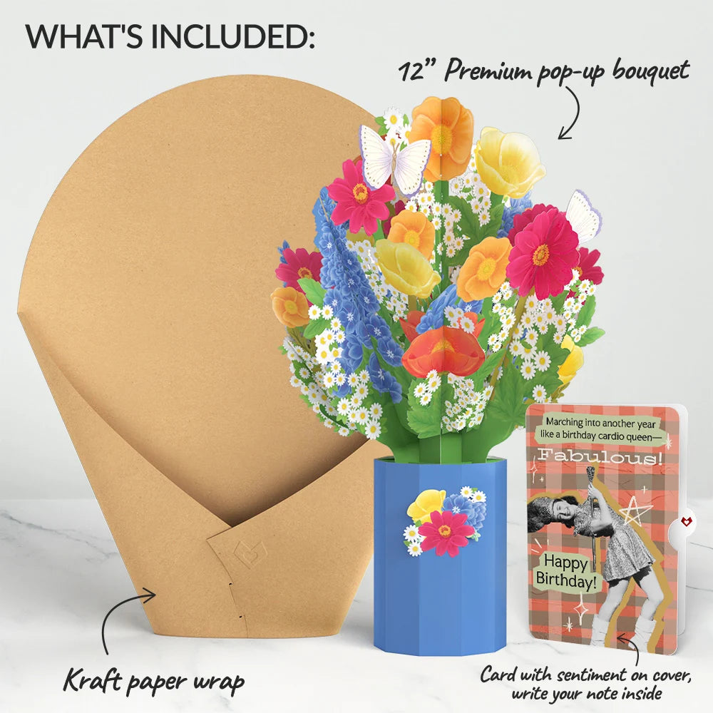 Wildflower Birthday Bouquet and Cardio Queen Sentiment Set