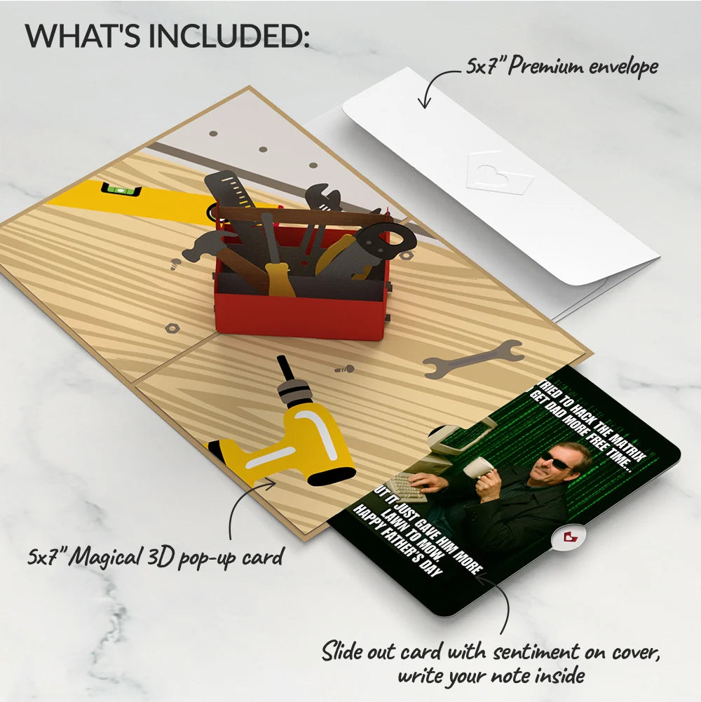Toolbox Father's Day Pop-Up Card and Matrix Hacker Sentiment Set