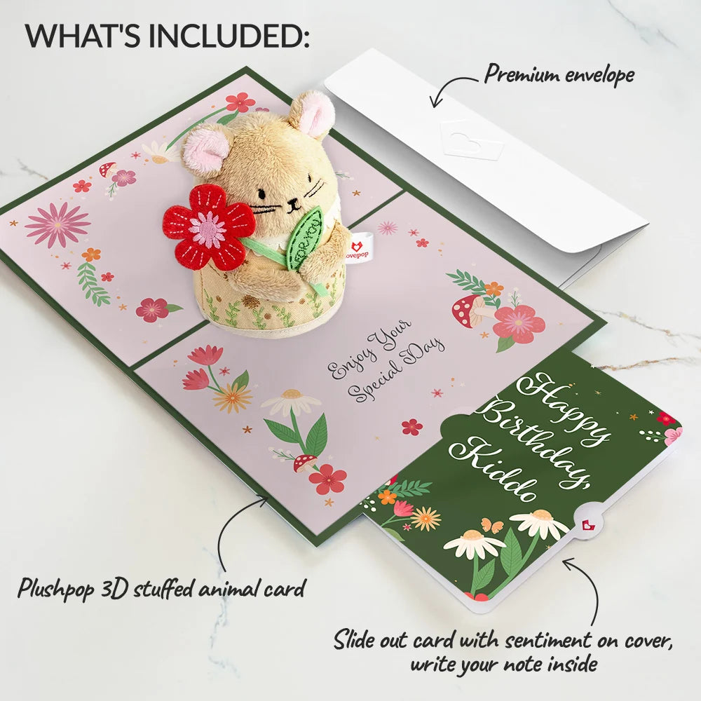 'Happiest Birthday Wishes' Floral Field Mouse Plushpop Card and Sentiment Set for Kid