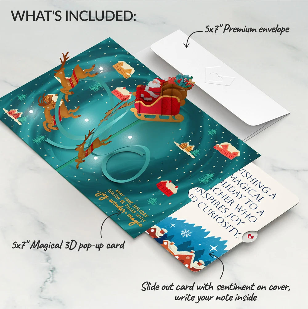Magic of Christmas Santa's Sleigh Light-Up Pop-Up Card and Snow Village Sentiment Set for Teacher
