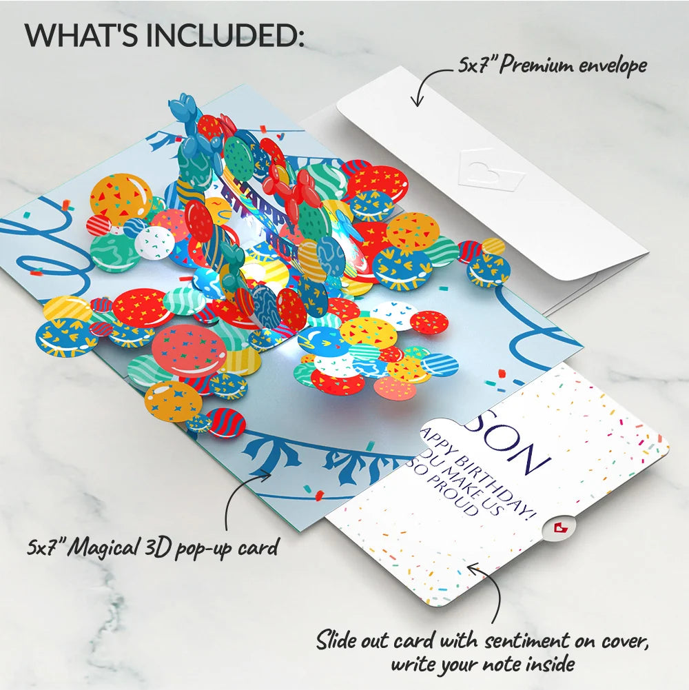 Happy Birthday Balloons Music and Lights Pop-Up Card and Sentiment Set for Son