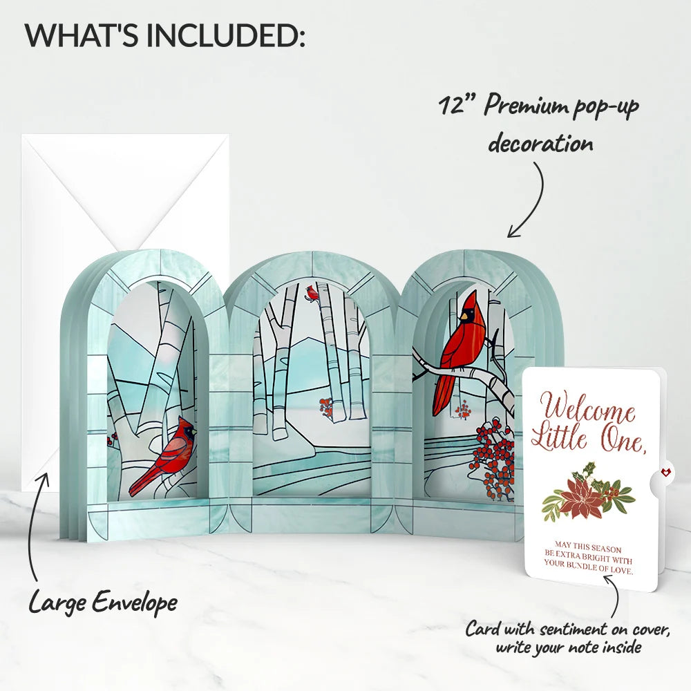 Stained Glass Winter Cardinal Pop-Up Gift and Poinsettia Christmas Sentiment Set for Baby
