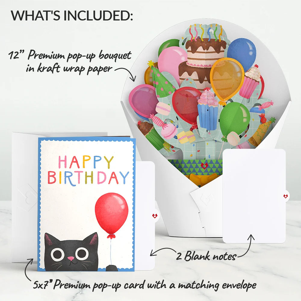 Birthday Cat-astrophe Music and Lights Pop-Up Card & Bouquet Bundle