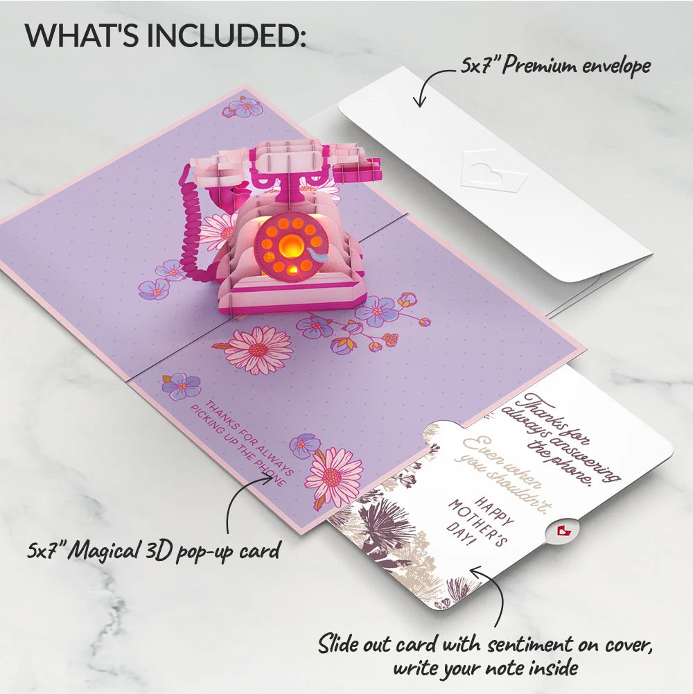 'Hey Mom' Vintage Phone Mother’s Day Music and Lights Pop-Up Card and Soft Neutral Bloom Sentiment Set for Mom