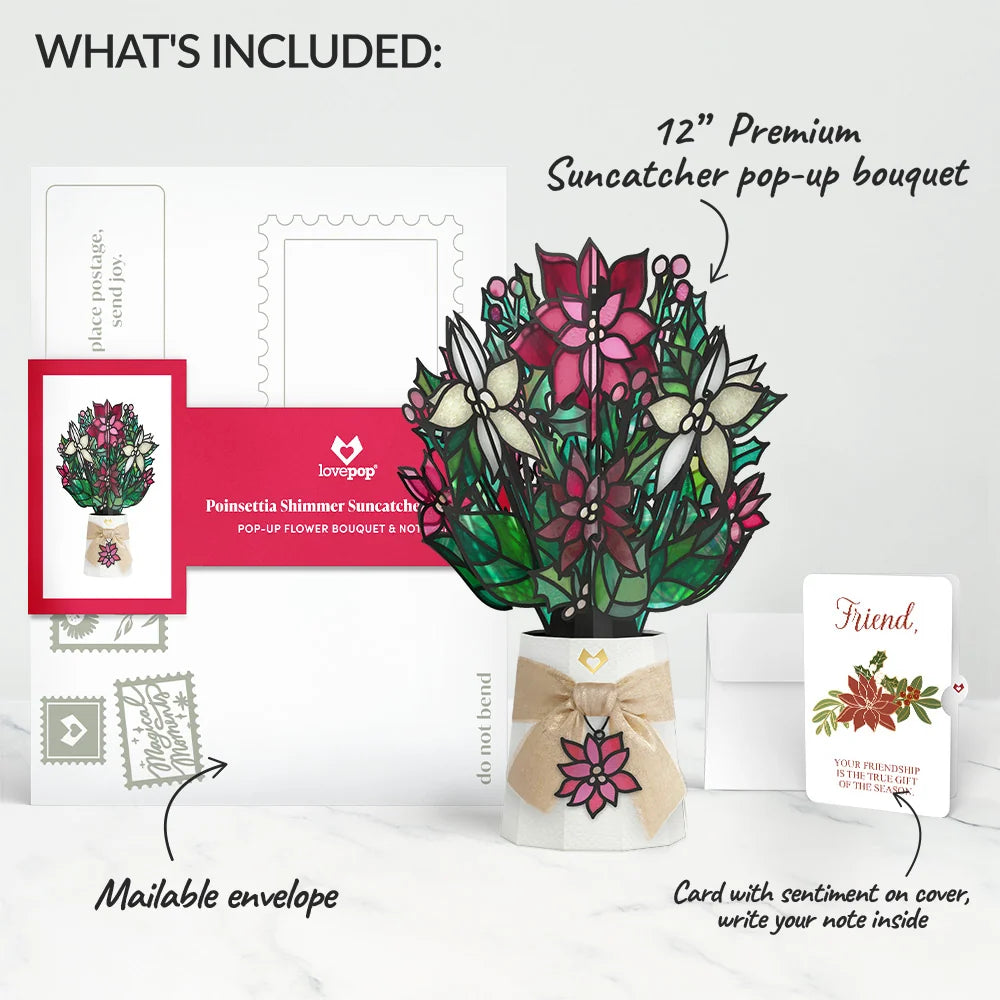 Poinsettia Shimmer Christmas Suncatcher Bouquet and Sentiment Set for Friend