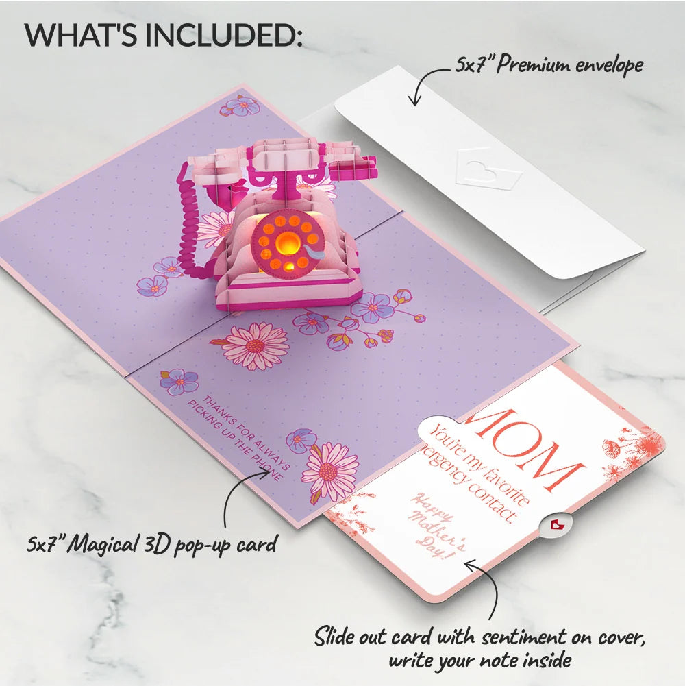 'Hey Mom' Vintage Phone Mother’s Day Music and Lights Pop-Up Card and Delicate Line Floral Sentiment Set for Mom