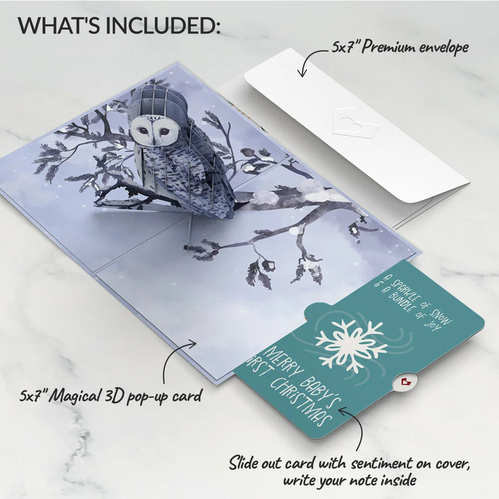 Snowy Owl First Christmas Pop-Up Card and Snowflake Sentiment Set for Baby
