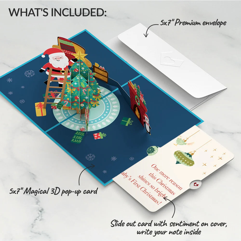 Santa Decorating a Christmas Tree Pop-Up Card and Sentiment Set for Baby
