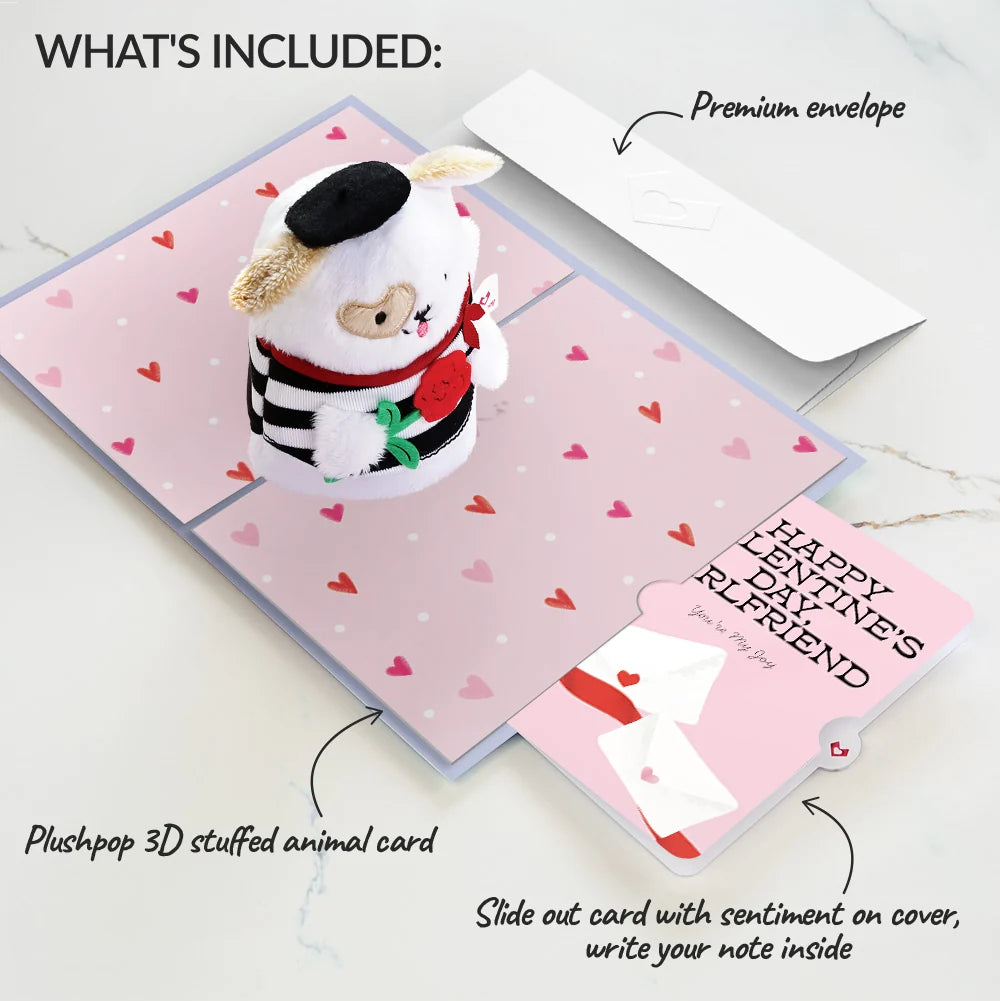 French Love Dog Valentine Plushpop Card and Sentiment Set for Girlfriend