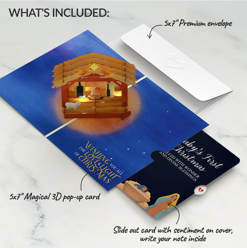 A Child is Born Nativity Christmas Light-Up Pop-Up Card and Sentiment Set for Baby
