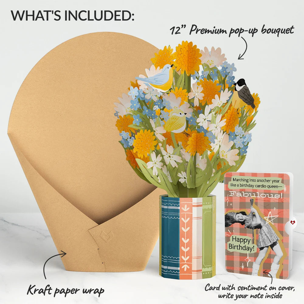 Spring Joy Birthday Bouquet and Cardio Queen Sentiment Set