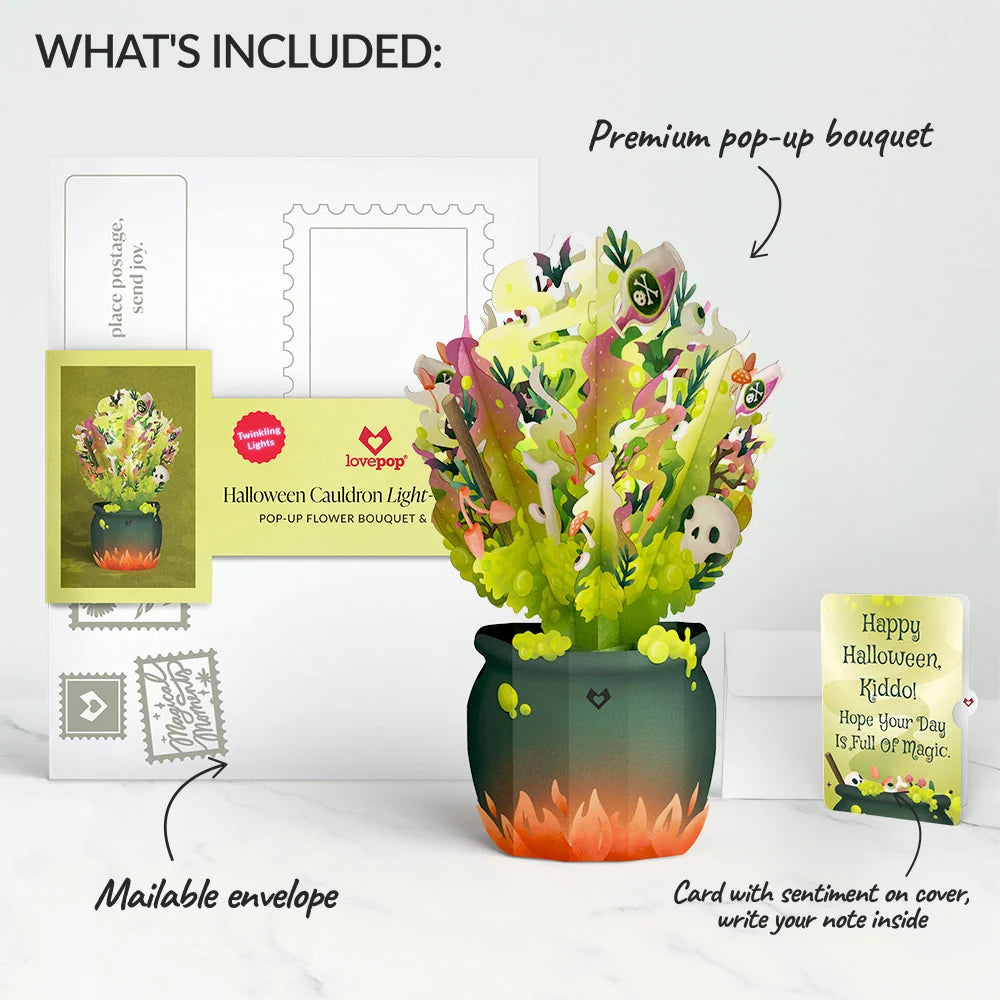 Halloween Cauldron Light-Up Bouquet and Full of Magic Sentiment Set for Kid