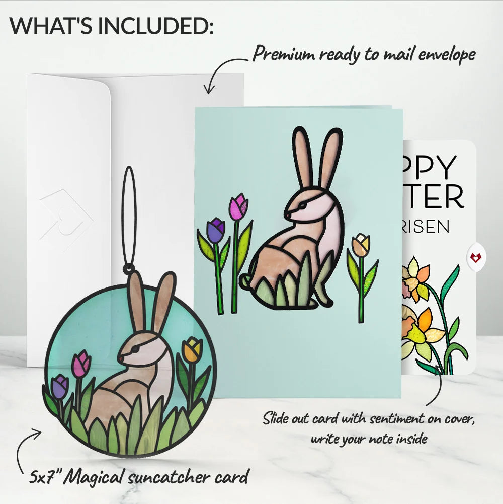 Springtime Bunny Easter Suncatcher Card and Garden Blooms He Is Risen Sentiment Set