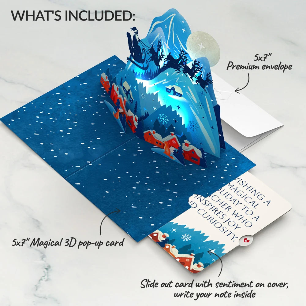 Christmas Eve Sleigh Ride Music and Lights Pop-Up Card and Snow Village Sentiment Set for Teacher
