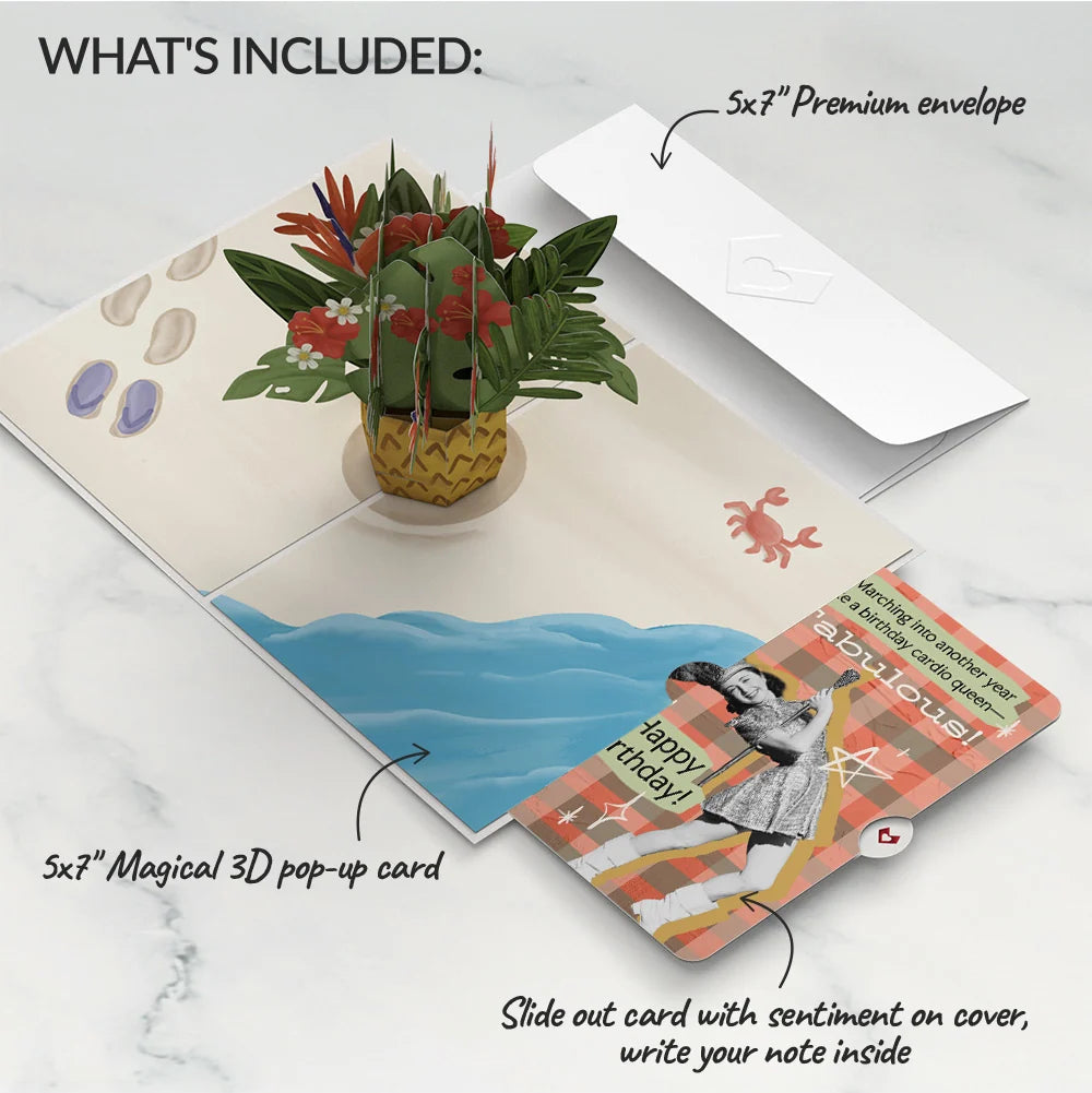 Tropical Flower Basket Birthday Pop-Up Card and Cardio Queen Sentiment Set