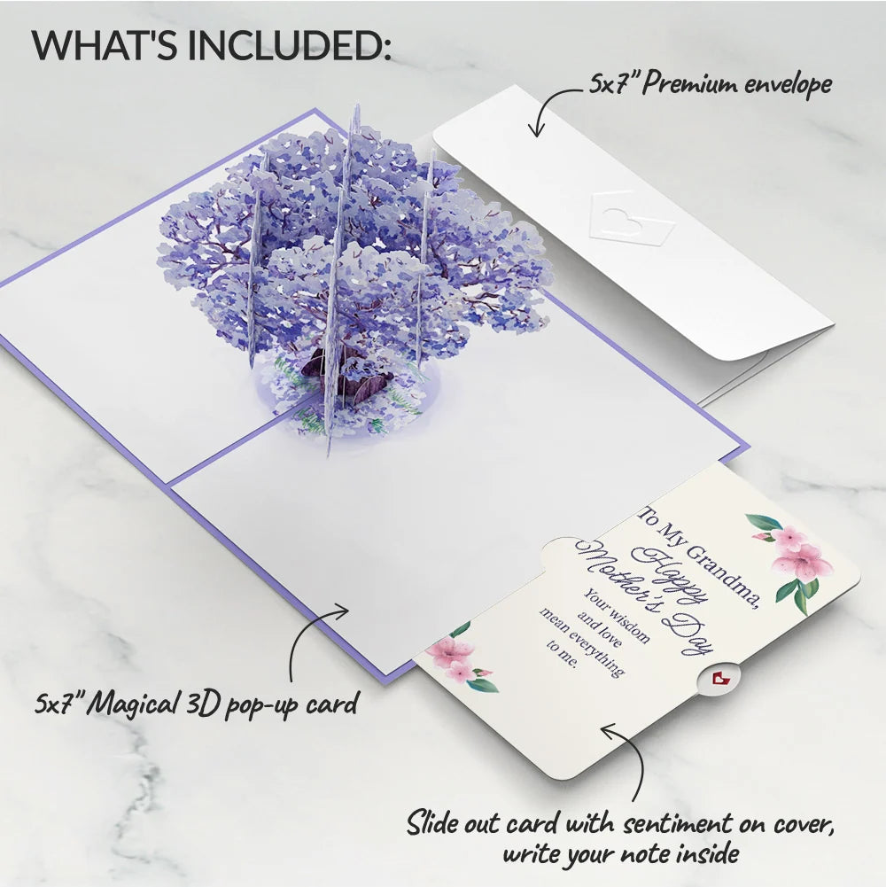 Watercolor Jacaranda Tree Mother's Day Pop-Up Card and Sentiment Set for Grandma