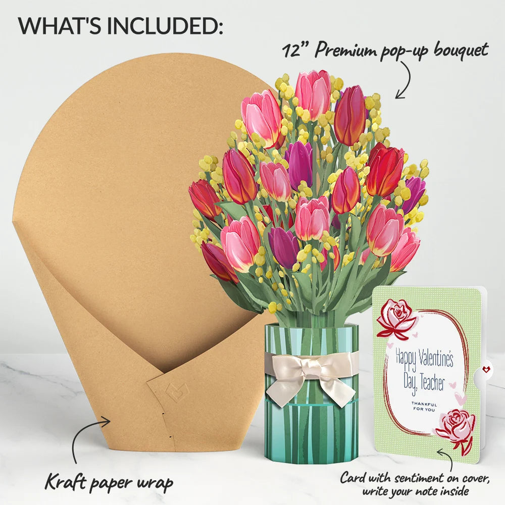 Cheerful Tulips Valentine Bouquet and Sentiment Set for Teacher