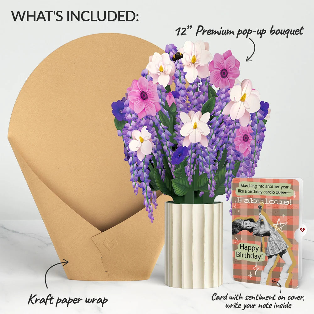 Wisteria Birthday Bouquet and Cardio Queen Sentiment Set