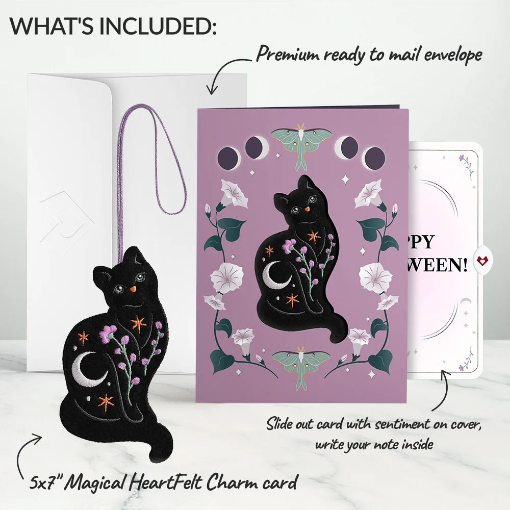 Mystic Black Cat Halloween HeartFelt Charm Card™ and Moonlit Florals Sentiment Set