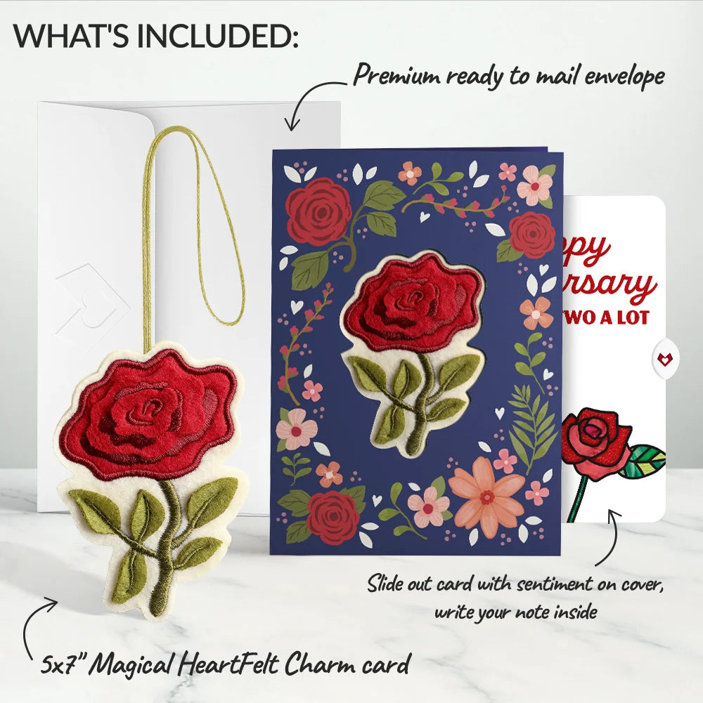 Everlasting Rose Anniversary HeartFelt Charm Card™ and Rose Heart Bloom Sentiment Set