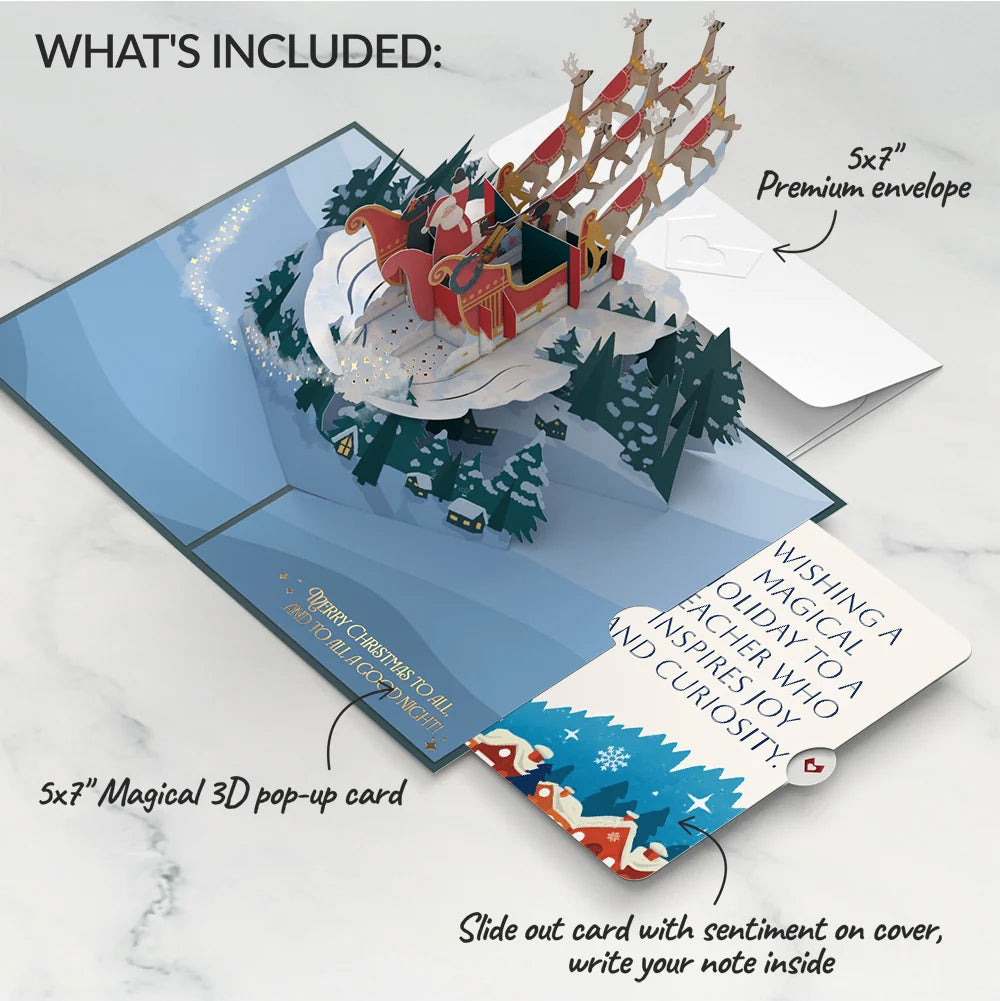 Night Sky Santa Sleigh Christmas Pop-Up Card and Snow Village Sentiment Set for Teacher