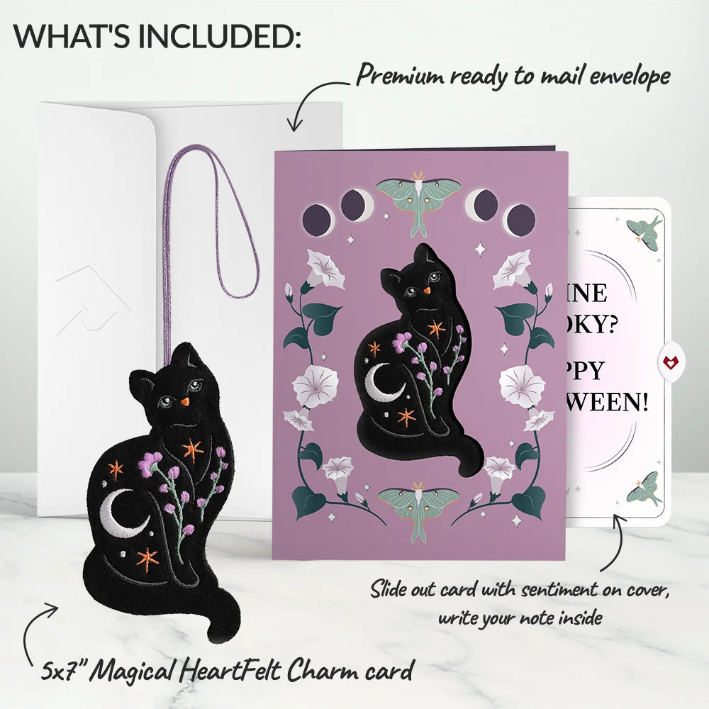 Mystic Black Cat Halloween HeartFelt Charm Card™ and Feline Spooky Sentiment Set