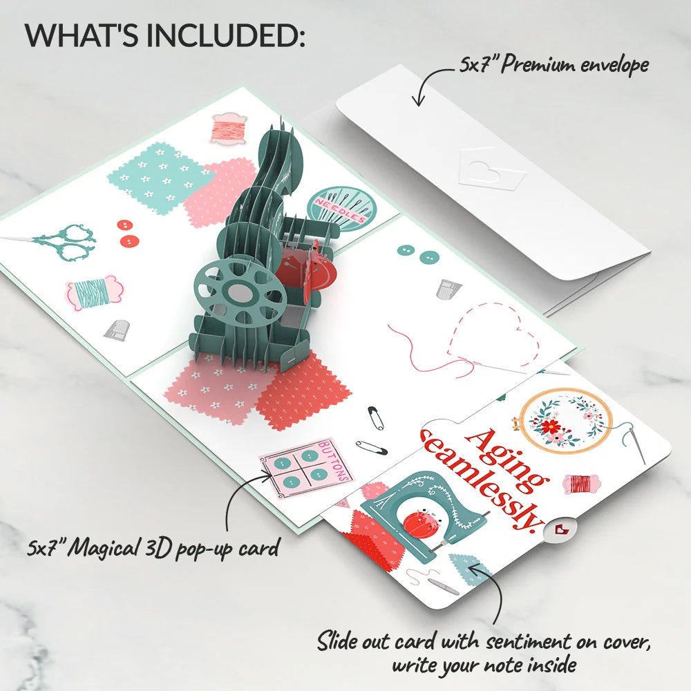 Classic Sewing Machine Birthday Pop-Up Card and Aging Seamlessly Sentiment Set