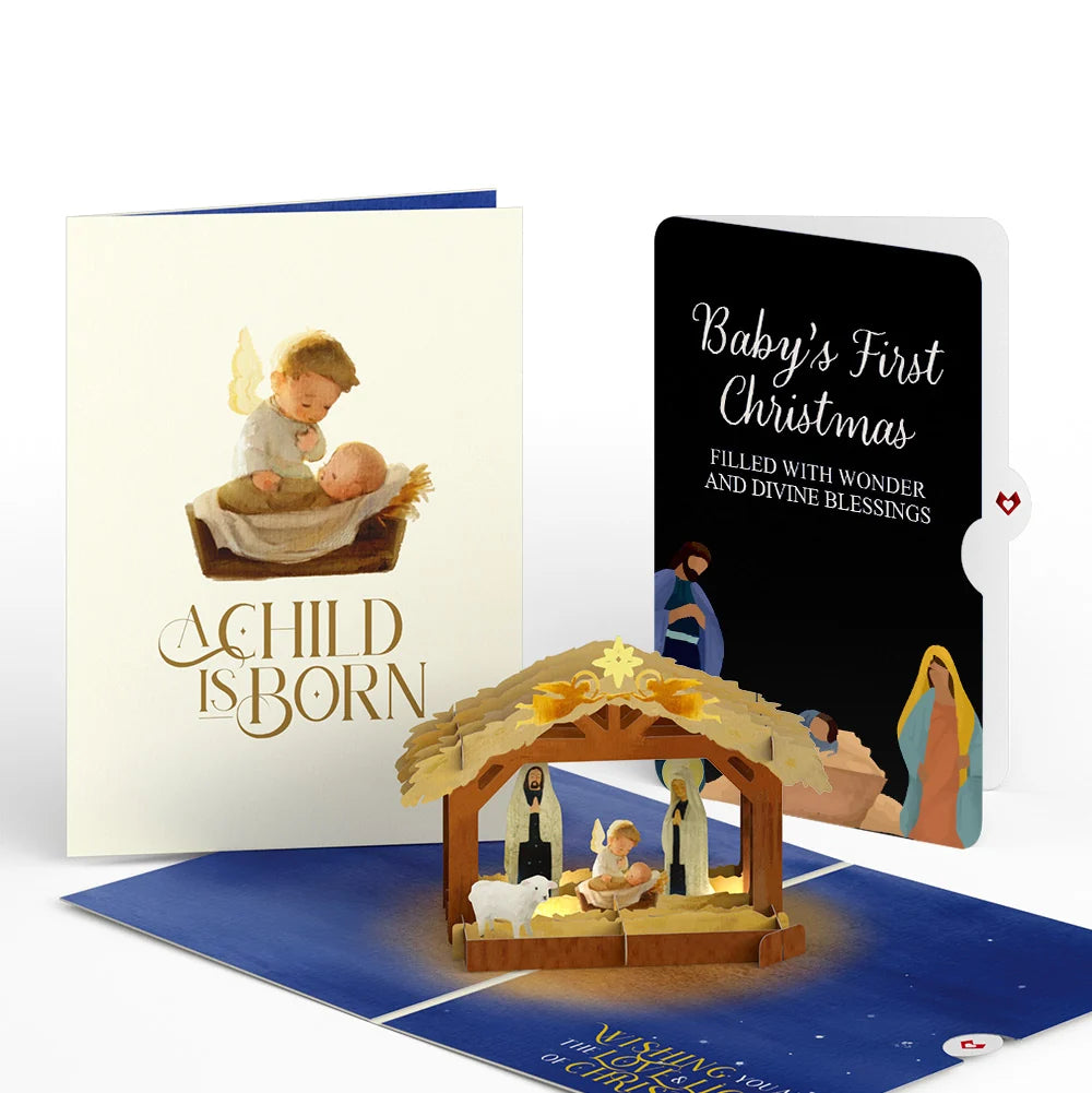 A Child is Born Nativity Christmas Light-Up Pop-Up Card and Sentiment Set for Baby