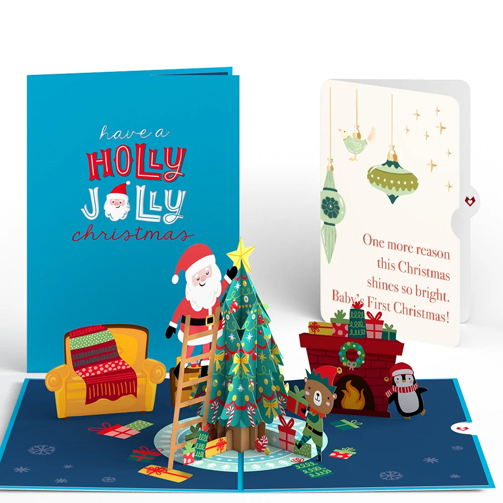 Santa Decorating a Christmas Tree Pop-Up Card and Sentiment Set for Baby