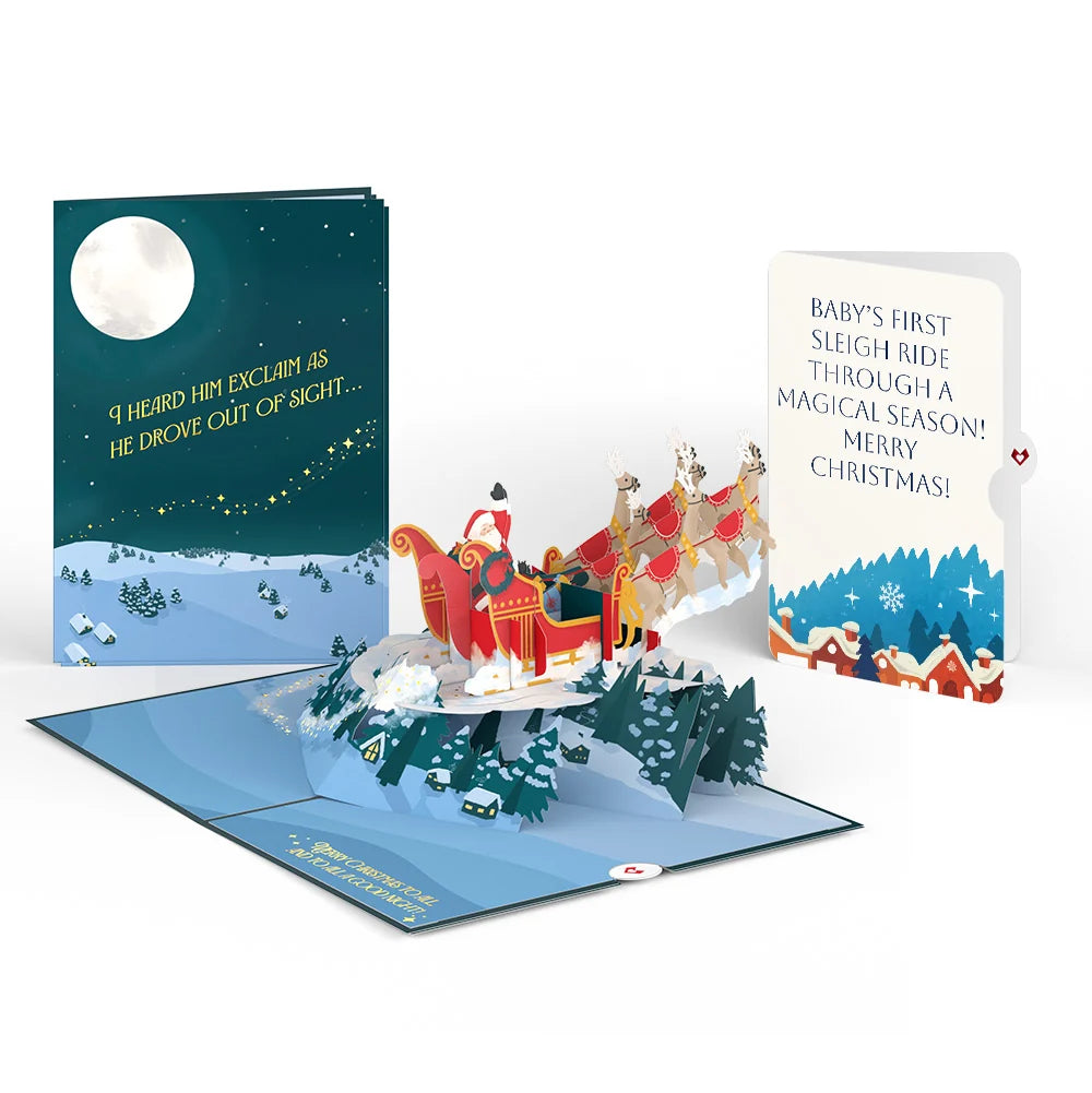 Night Sky Santa Sleigh First Christmas Pop-Up Card and Snow Village Sentiment Set for Baby
