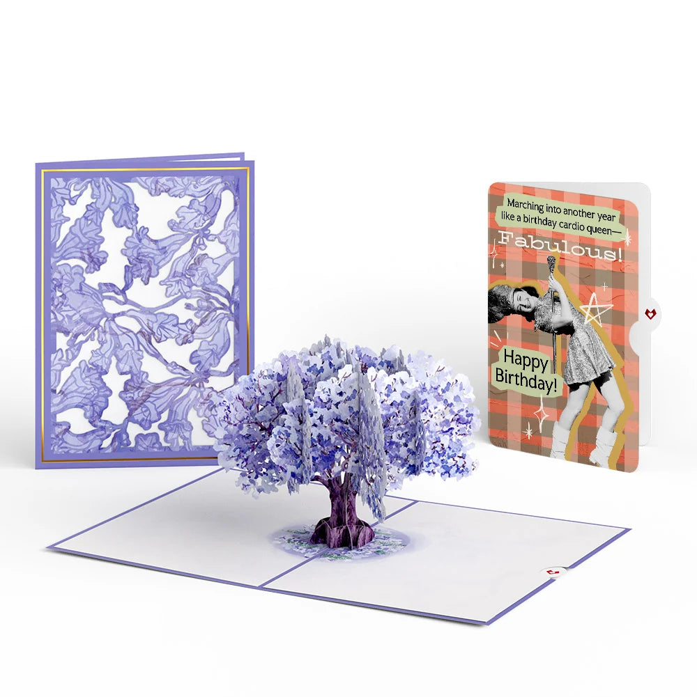 Watercolor Jacaranda Tree Birthday Pop-Up Card and Cardio Queen Sentiment Set