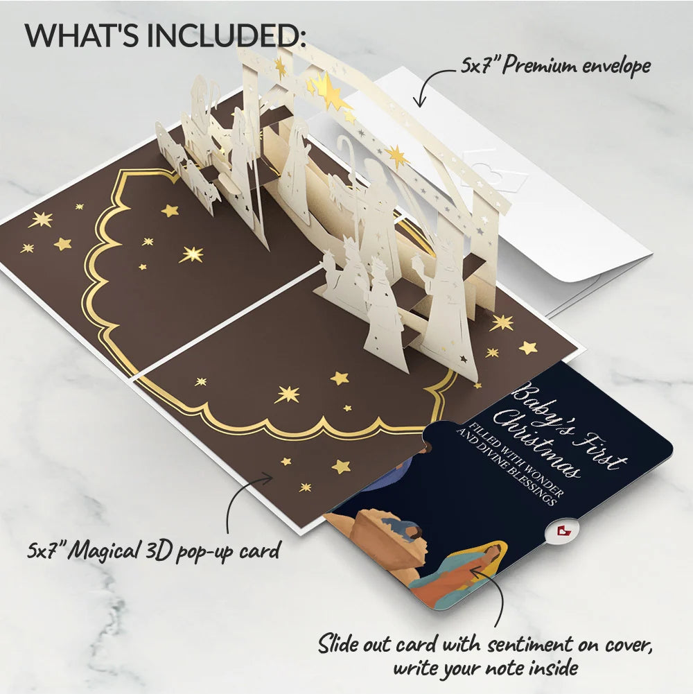 Elegant Nativity Christmas Pop-Up Card and Sentiment Set for Baby