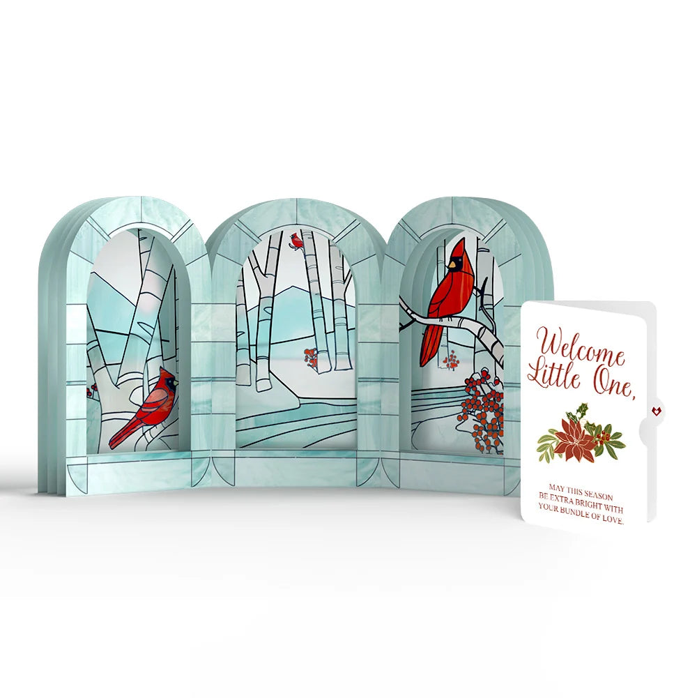 Stained Glass Winter Cardinal Pop-Up Gift and Poinsettia Christmas Sentiment Set for Baby