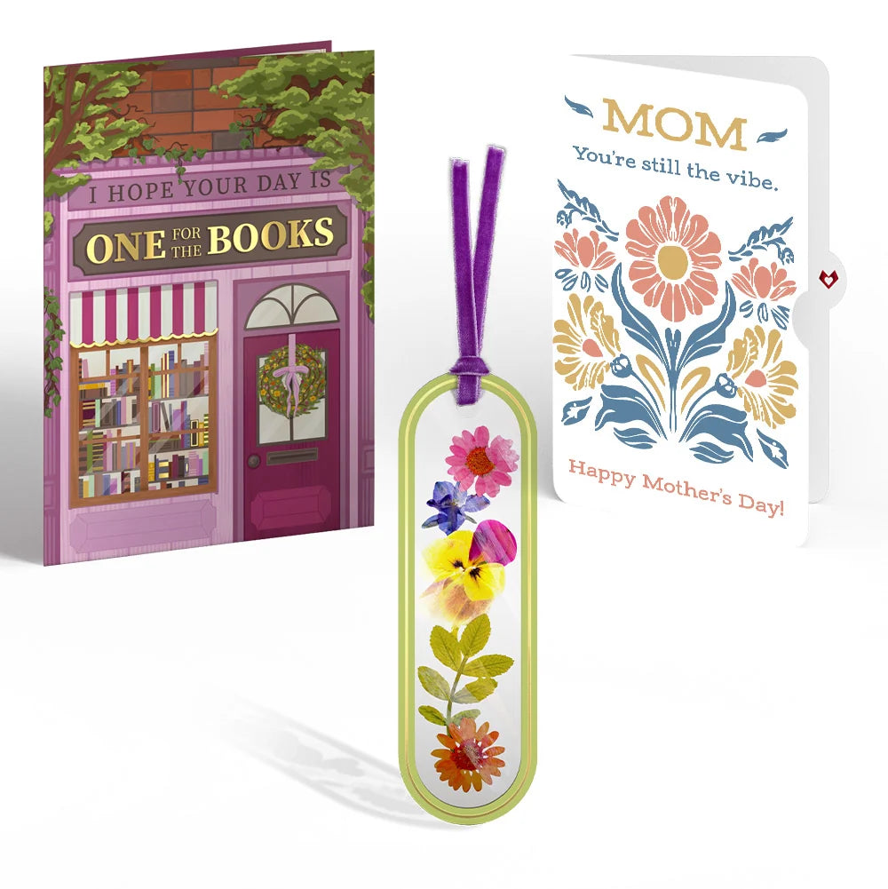 One for the Books Mother’s Day Petal Pressed™ Bookmark Card and Folk Art Bloom Sentiment Set for Mom