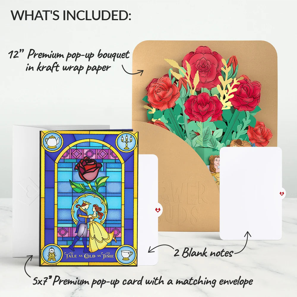 Disney’s Beauty and the Beast Suncatcher Card & Flower Buds Bouquet Bundle