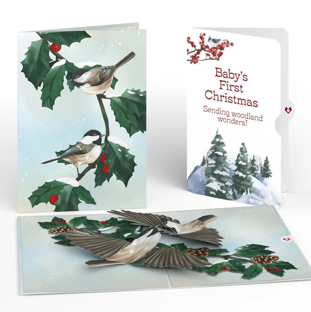 Winter Chickadees First Christmas Pop-Up Card and Sentiment Set for Baby