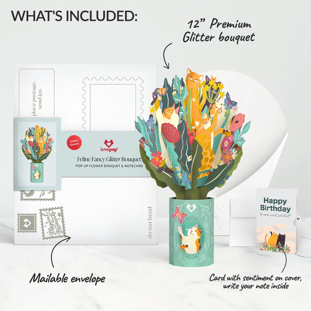 Feline Fancy Birthday Glitter Bouquet and Sentiment Set for Kid
